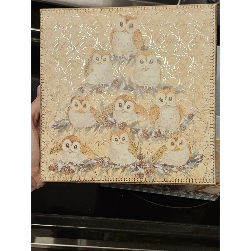 Elegant Storage Box Blue, Yellow, Silver Filigree Owl Print 9